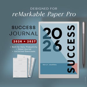May include: A digital tablet with a light blue cover displaying the year 2026 and the word "SUCCESS". The tablet is accompanied by a stylus and a stack of printed journal pages. Text on the cover reads "SUCCESS JOURNAL" and "DAILY JOURNAL".