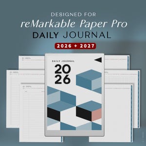 Könnte beinhalten: Ein digitales Tagesjournal für reMarkable Paper Pro mit geometrischem Design in Blau- und Koralltönen. Auf dem Cover stehen "2026" und "2027". Mehrere offene Seiten zeigen verschiedene Layouts für Notizen und Planung.