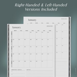 May include: A planner with a January calendar spread, featuring a grid layout for daily entries. The text "Right-Handed & Left-Handed Versions Included" is at the top. The planner includes monthly goals and notes sections.