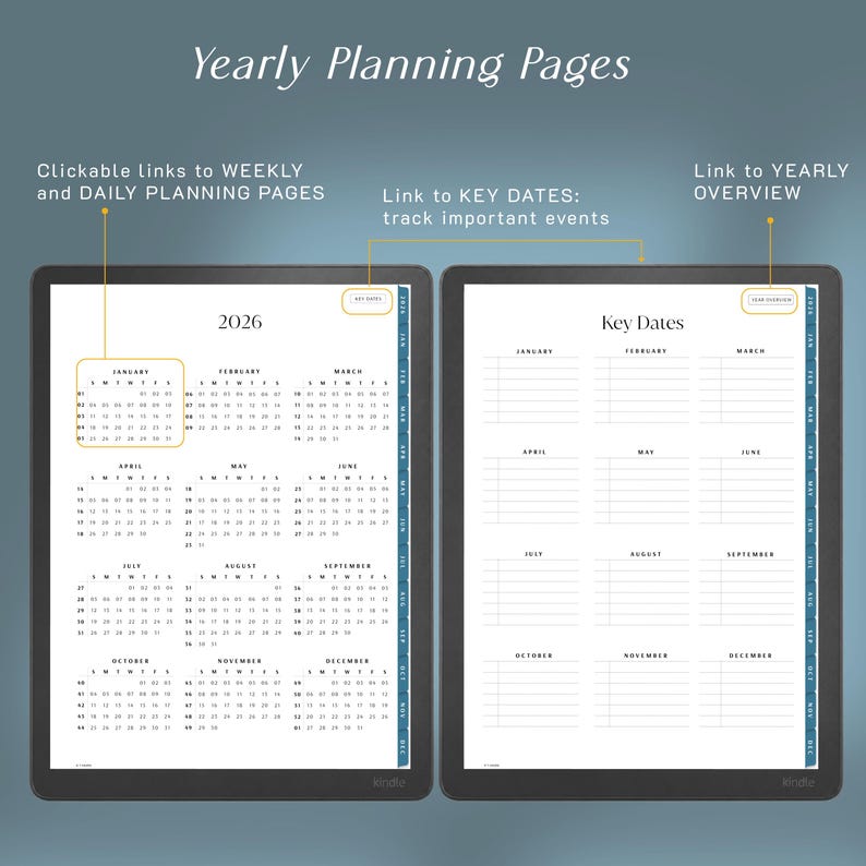 May include: Digital yearly planning pages for 2026 displayed on two screens. The left screen shows a full-year calendar with clickable links to weekly and daily pages. The right screen features a key dates tracker with monthly sections for notes.