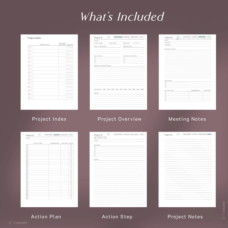 May include: A digital planner set featuring six white pages with black text titled What's Included. The pages are labeled Project Index, Project Overview, Meeting Notes, Action Plan, Action Step, and Project Notes, each containing structured lines, checkboxes, and headers for project management.