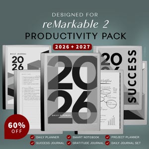 May include: A digital productivity pack for the reMarkable 2 tablet, featuring multiple planner and journal templates for 2026 and 2027. The display shows layouts for a daily journal, weekly tasks, and workflow charts with bold typography and grayscale graphics.