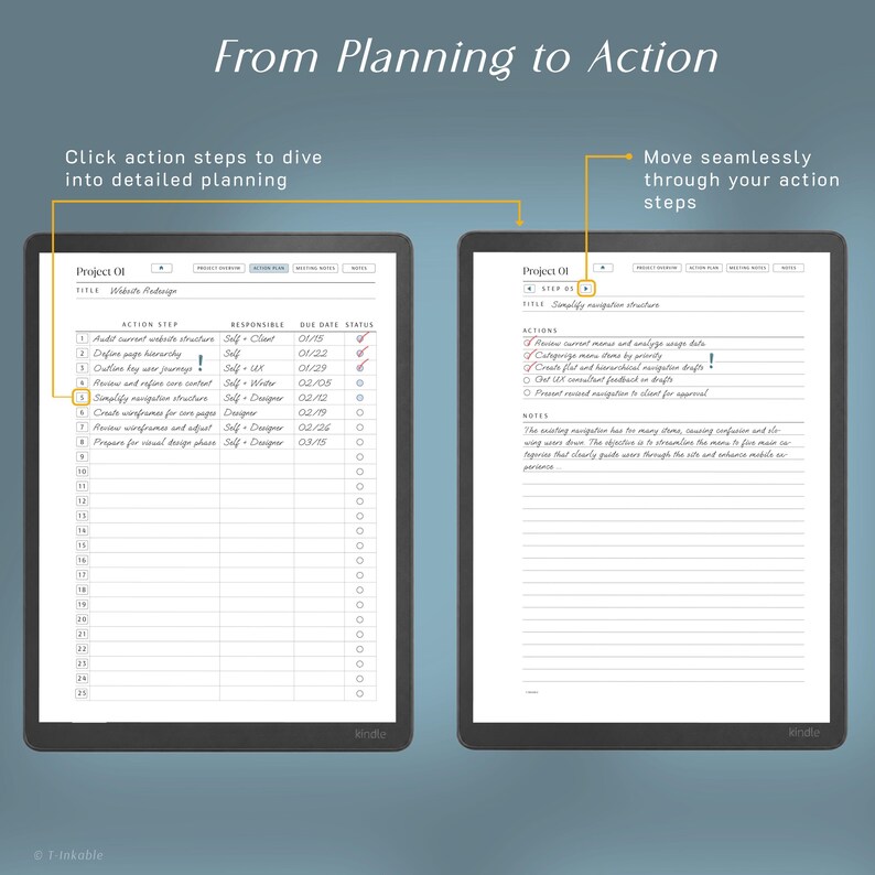 May include: Two digital tablet screens displaying a project management template titled From Planning to Action. The left screen shows an action step list with columns for responsible parties and due dates. The right screen displays detailed notes.