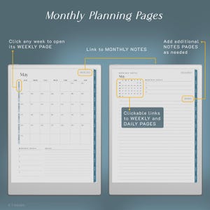 May include: Digital planner pages with the text "Monthly Planning Pages." The left page displays a calendar for May, and the right page shows monthly notes with clickable links to weekly and daily pages. The design is clean and modern.