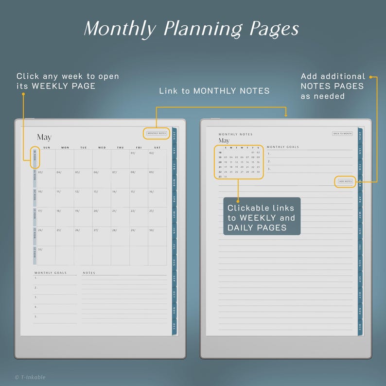 May include: Digital planner pages with the text "Monthly Planning Pages." The left page displays a calendar for May, and the right page shows monthly notes with clickable links to weekly and daily pages. The design is clean and modern.