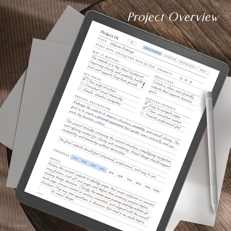 May include: A digital tablet displaying a Project Overview template with handwritten-style text, including sections for project title, objectives, success criteria, and progress tracking. A light gray stylus rests on the right side of the tablet screen.