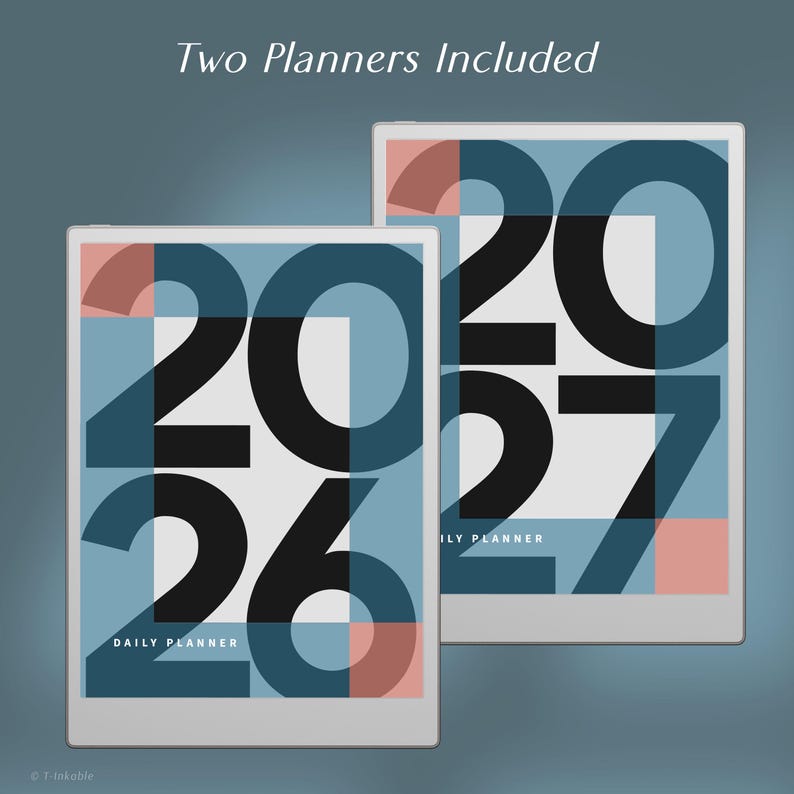 May include: Two planners with white frames. The covers feature the numbers "2026" and "2027" in black, blue, and coral geometric designs. The text "Two Planners Included" is at the top, and "Daily Planner" is at the bottom.