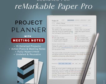 Planejador de Projetos Digital para reMarkable Paper Pro – Sem data, com hiperlinks para anotações de reuniões, planos de ação e acompanhamento de prioridades.