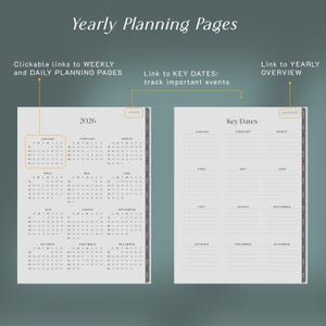May include: A yearly planning page layout with the text "Yearly Planning Pages." The left page displays a 2026 calendar, and the right page is for key dates. The pages have clickable links to weekly and daily planning pages, and a yearly overview.