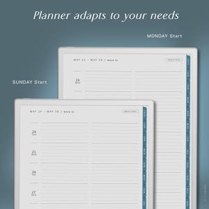 May include: Two open planners with a light gray interior and white borders are displayed. The text "Planner adapts to your needs" is at the top. One planner is larger than the other. The larger planner has a blue tab with the text "2022" and the smaller planner has a blue tab with the text "2026".
