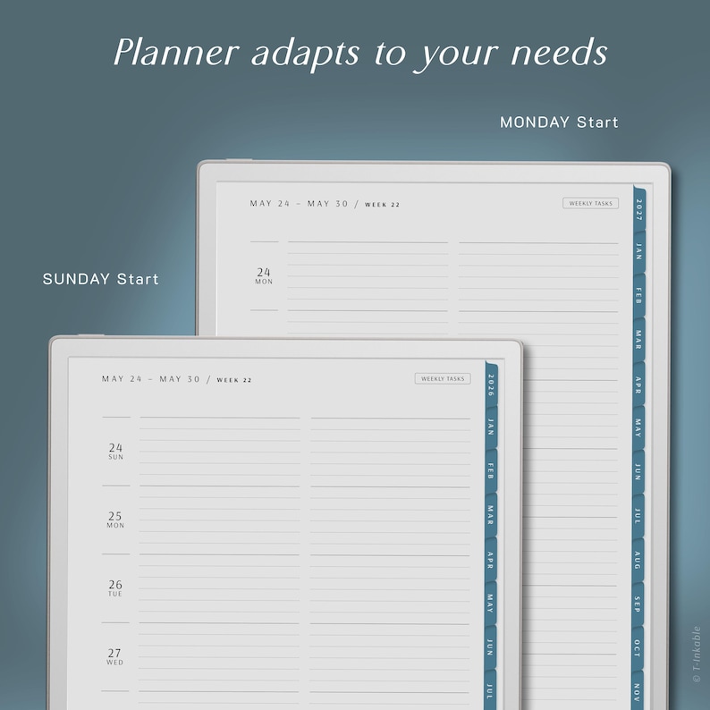 May include: Two open planners with a light gray interior and white borders are displayed. The text "Planner adapts to your needs" is at the top. One planner is larger than the other. The larger planner has a blue tab with the text "2022" and the smaller planner has a blue tab with the text "2026".