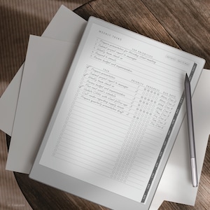 May include: A digital planner with a stylus on a wooden surface. The planner displays a weekly task list with priorities, progress, and due dates. The text includes "Weekly Tasks" and "Top Priorities."