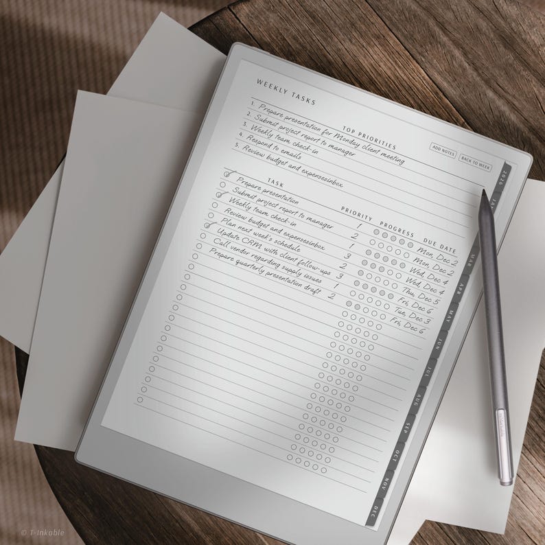 May include: A digital planner with a stylus on a wooden surface. The planner displays a weekly task list with priorities, progress, and due dates. The text includes "Weekly Tasks" and "Top Priorities."