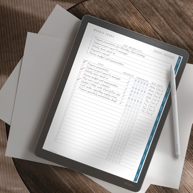 May include: A digital tablet displaying a weekly task planner template with handwritten entries, checkboxes, and priority columns. A white stylus rests on the right side of the device, which features a dark gray frame and a side navigation menu.