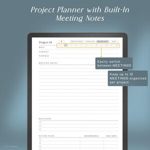 May include: A digital project planner interface displayed on a screen, featuring sections for date, subject, purpose, meeting notes, decisions, and an action plan. It includes a navigation bar with twelve numbered tabs to switch between meetings.