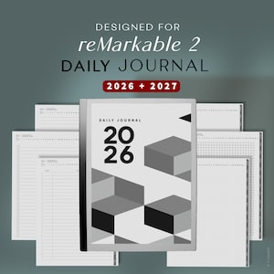 Peut inclure: Un journal quotidien numérique pour reMarkable 2. La couverture affiche "DAILY JOURNAL" et l'année "2026". Le design présente des formes géométriques en nuances de gris. Plusieurs pages supplémentaires avec différentes mises en page sont visibles.
