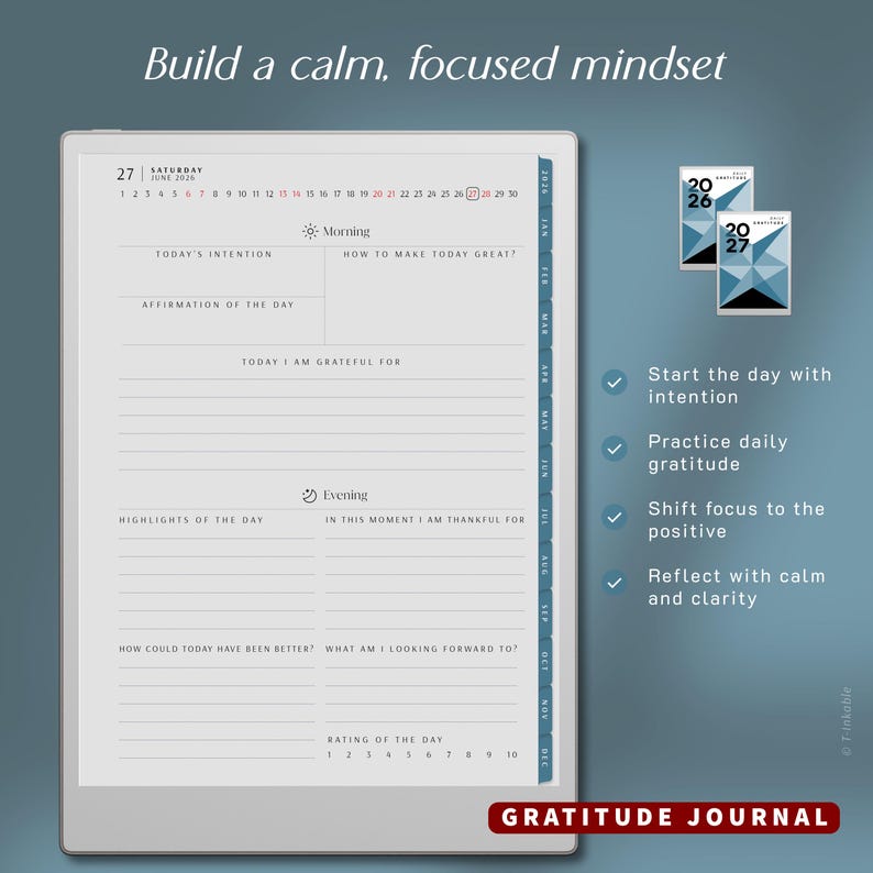 May include: A white digital gratitude journal with prompts for daily reflection. The journal includes sections for intentions, gratitude, and highlights. The text "Build a calm, focused mindset" is at the top. The journal also has a section for rating the day.