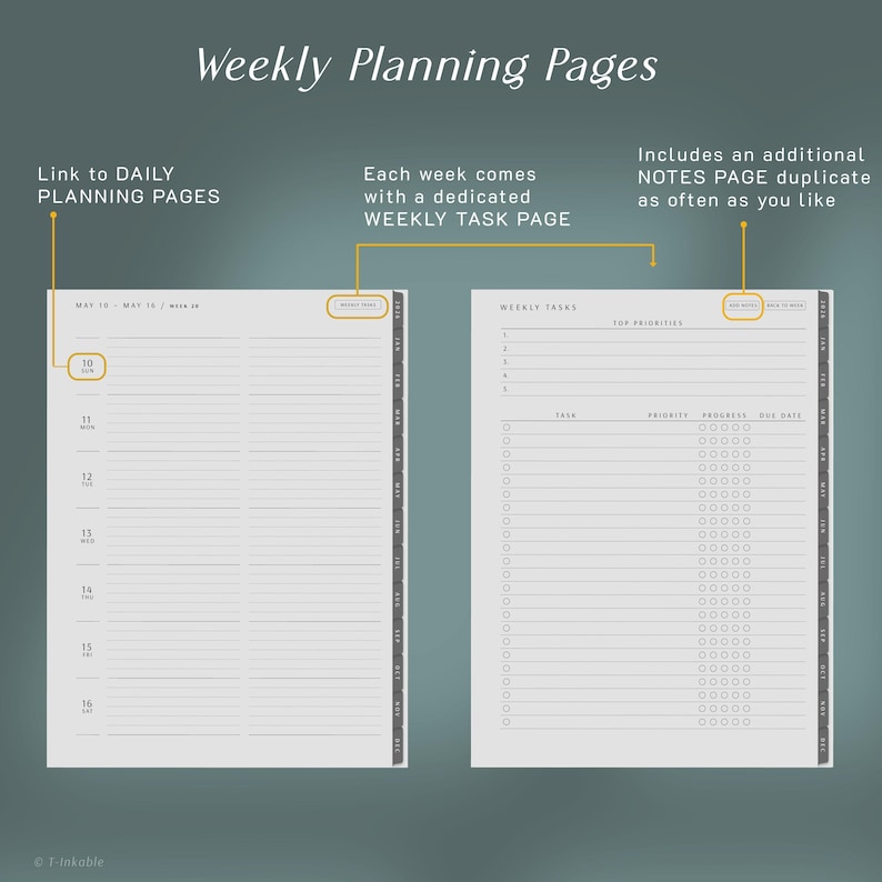 May include: A planner spread with the text "Weekly Planning Pages." The left page has a daily schedule, and the right page is for weekly tasks. The pages are white with gray lines and text. The text includes "Link to DAILY PLANNING PAGES" and "Each week comes with a dedicated WEEKLY TASK PAGE."