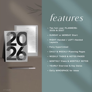 May include: A digital planner with the numbers "2026" in large, bold, black font on the cover. The planner is open to a calendar view, with a stylus pen resting below. The text "features" is displayed in a script font, with bullet points listing planner features.