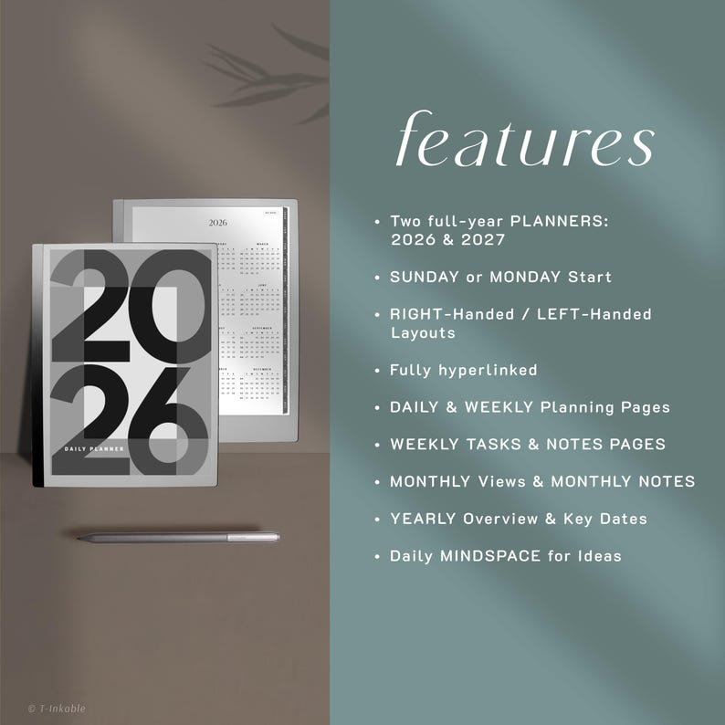 May include: A digital planner with the numbers "2026" in large, bold, black font on the cover. The planner is open to a calendar view, with a stylus pen resting below. The text "features" is displayed in a script font, with bullet points listing planner features.
