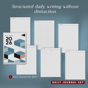 May include: A collection of daily journal sets with various page layouts, including lined, grid, and blank pages. The cover of the journal features a geometric design with the text "2026" and "Daily Journal". The text "Structured daily writing without distraction" is also visible.