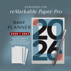 Puede incluir: Un planificador diario digital para reMarkable Paper Pro, con los años 2026 y 2027. Ofrece planificación mensual, semanal y diaria, con opciones de inicio en domingo y lunes, y está diseñado para usuarios diestros y zurdos. Incluye un lápiz óptico.