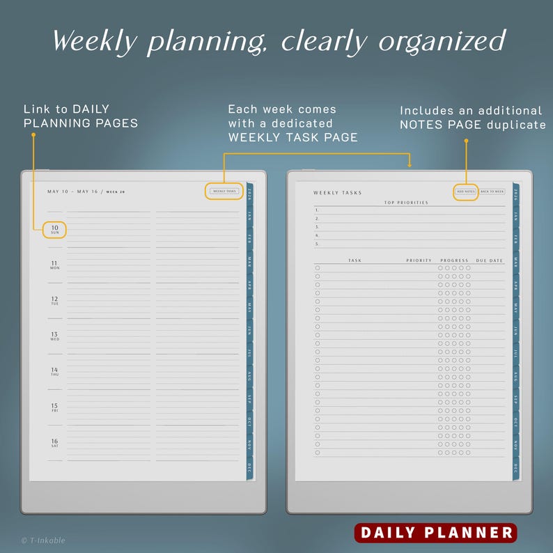 May include: Two-page spread of a daily planner with the text "Weekly planning, clearly organized." The left page is for daily planning, and the right page is for weekly tasks. The planner includes a notes page duplicate.