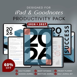 May include: A digital productivity pack for iPad and Goodnotes featuring 2026 and 2027 planners. The set includes a daily journal, success journal, smart notebook, and project planner with blue, white, and red geometric graphic designs.
