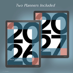 May include: Two digital daily planners displayed on tablet screens, featuring the years 2026 and 2027 in large black typography. The covers have a geometric design with overlapping shapes in muted blue, dark teal, and soft pink on a white background.