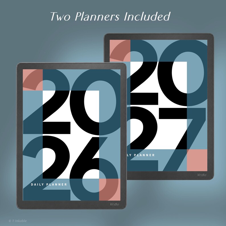 May include: Two digital daily planners displayed on tablet screens, featuring the years 2026 and 2027 in large black typography. The covers have a geometric design with overlapping shapes in muted blue, dark teal, and soft pink on a white background.