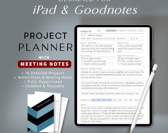 Planejador de Projetos Digital para iPad e Tablet – Sem data, com hiperlinks para anotações de reuniões, planos de ação e acompanhamento de prioridades.