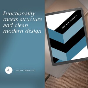 May include: A digital tablet displaying a project planner with a geometric chevron pattern in black, white, and shades of blue. The screen features the text "PROJECT PLANNER" in white on a black diagonal stripe. The left side displays the text "Functionality meets structure and clean modern design" and an instant download icon.