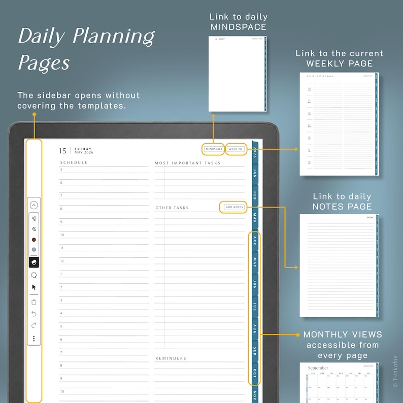 May include: A digital daily planner interface on a tablet screen featuring a schedule, task lists, and reminders. The layout includes a sidebar, navigation tabs for mindspace, weekly views, and monthly calendars, with text labels for navigation.