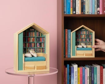 Miniature House Bookshelf | Reading Nook with 200 Tiny Books