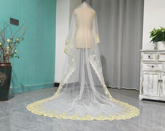 Golden Lace Mantila Veil, Full Lace Trim Cathedral 1 layer Wedding Veil