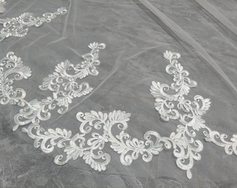 Kathedrale Länge gestickte Spitze Brautschleier, Elfenbein / weißer langer Brautschleier für die Hochzeitszeremonie