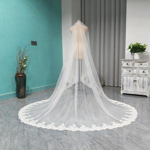 Cathedral Mantilla Veil, Ivory Sequin Floral Embroidery Lace Edge Veil, Scalloped Lace Trim, Single Tier Bridal Veil