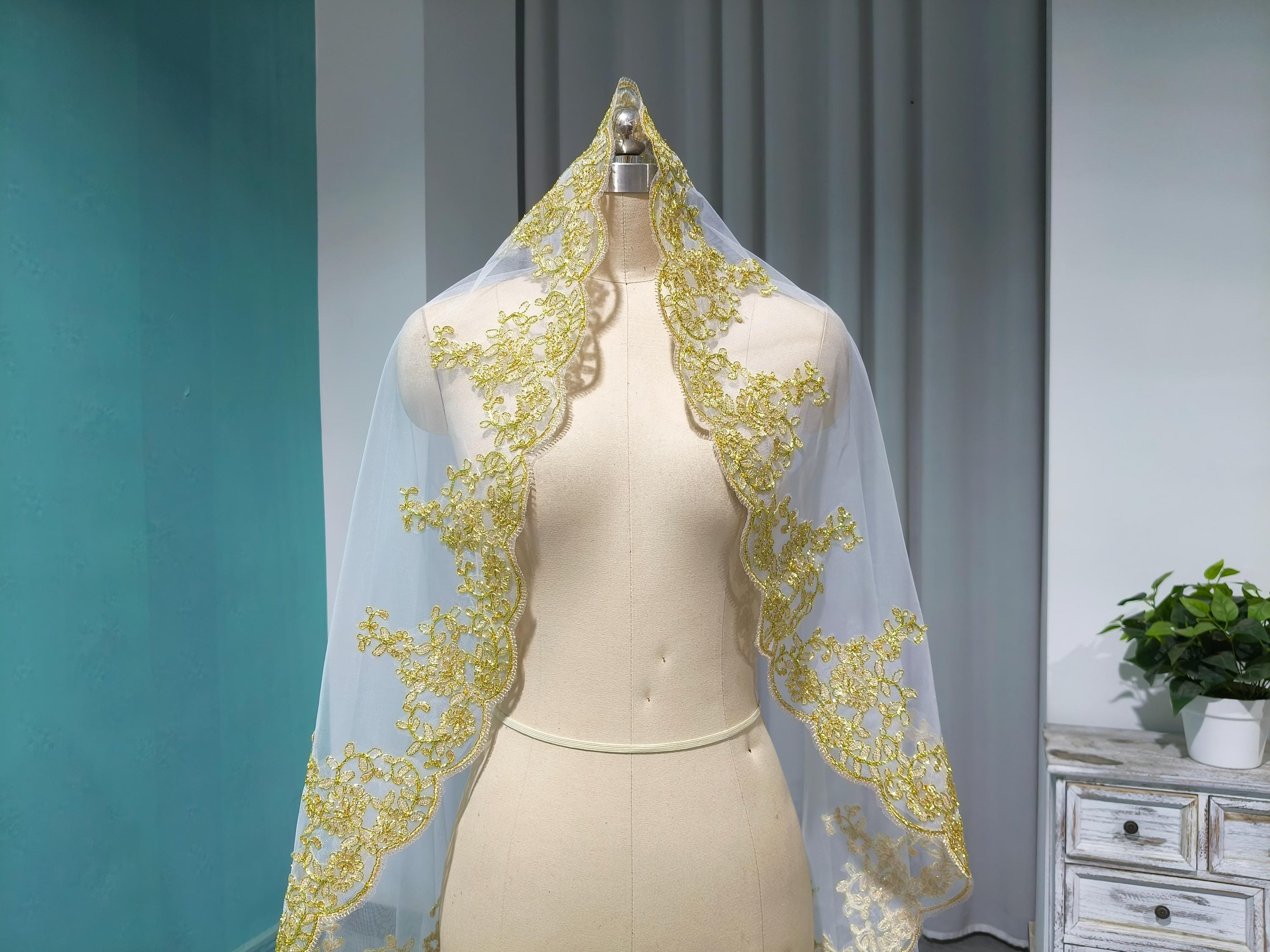 Gold Lace Mantilla Wedding Veil, White Tulle Spanish Bridal Veil,…