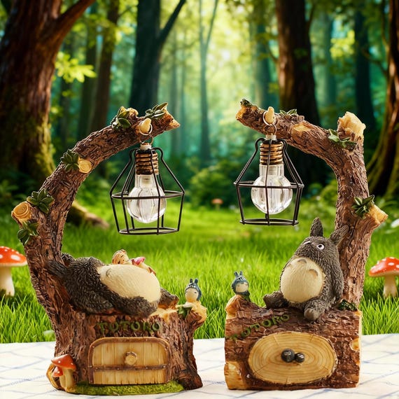 Whimsical Totoro Forest Lamp - Handcrafted Resin Lantern with Cute Animal Figurines