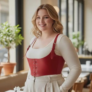 May include: A red faux leather corset top featuring a front lace-up detail with silver eyelets and adjustable shoulder straps with buckles, worn over a long-sleeved cream-colored shirt paired with high-waisted beige trousers with pockets.