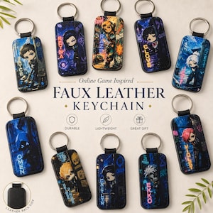 May include: A collection of rectangular faux leather keychains featuring chibi-style character illustrations from an online game. Each keychain includes a metal ring and displays a unique character name in neon-colored text against a dark background.