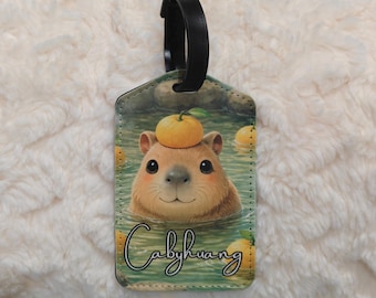 Personalized Capybara Leather Luggage Tag, Custom Name Travel Label, Personalized Suitcase Accessory