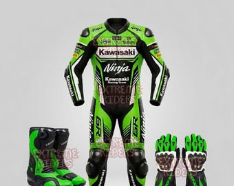 Kawasaki Ninja Racing Suit Boots and Gloves Set: Biker Leather Track Race Gear Motorbike Suit Gloves Shoes