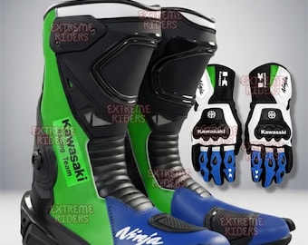 Kawasaki Ninja Racing Boots and Gloves Set: Custom Motorcycle Leather Biker Track Race Gear Motorbike Gloves and Shoes Pair