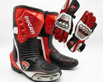 Conjunto de botas y guantes Ducati: Equipamiento personalizado de cuero para motociclistas, guantes y zapatos para moto de carreras (par).