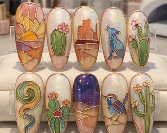 Desert Cactus Sunset Press On Nails, Western Nature Nail Set, Boho Art Nails, Almond Fake Nails, Reusable Acrylic Nails Handmade