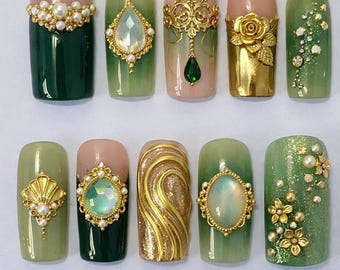 Emerald Green Luxury Press On Nails, Gold Vintage Gem Nail Set, Royal Baroque Style Nails, Elegant Handmade Press On Nails