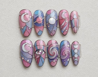 Pastel Swirl Press On Nails, Y2K Pink Blue Abstract Nails, Cute Retro Candy Swirl Nails, Soft Girl Aesthetic Press On Set