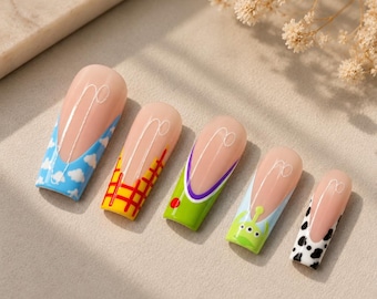 Toy Inspired Press On Nails Set, Cartoon Character Nail Art, Cute Cloud Nails, Playful Green Nails, Handmade Gel Nails Design