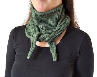 Dark Green Neck Tie Scarf -Hand Knit Green Neck Warmer -Wool Blend Skinny Scarf - Hand Made Gift